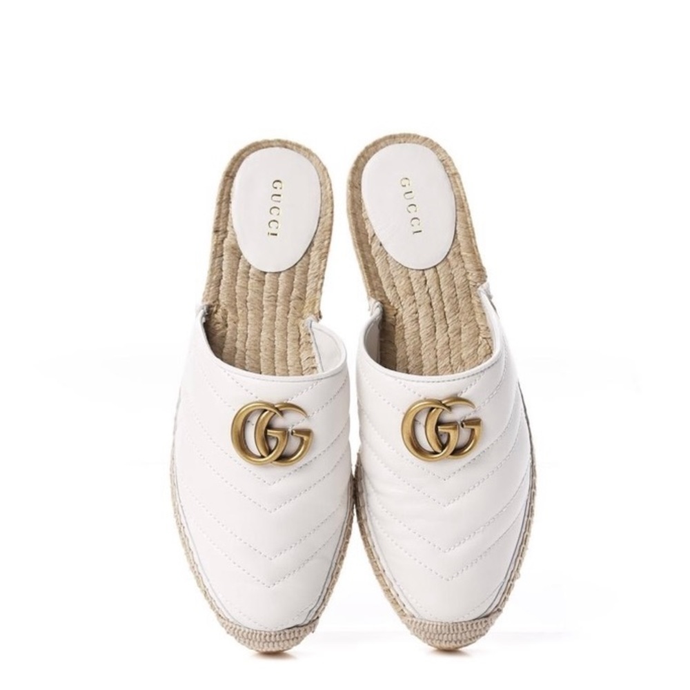 Gucci White Marmont Leather Espadrille Mules with Double G Flats